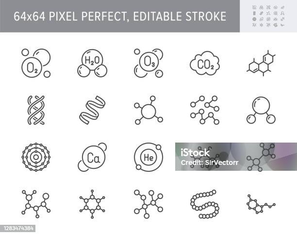 Molecule Line Icons Vector Illustration Included Icon Amino Acid Peptide Hormone Protein Collagen Ozone O2 Chemical Formula Outline Pictogram For Chemistry 64x64 Pixel Perfect Editable Stroke Stock Illustration - Download Image Now