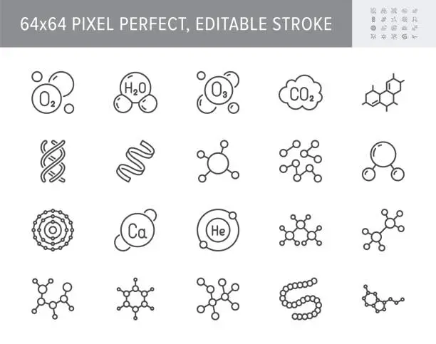 Vector illustration of Molecule line icons. Vector illustration included icon amino acid, peptide, hormone, protein, collagen, ozone, O2 chemical formula outline pictogram for chemistry. 64x64 Pixel Perfect Editable Stroke