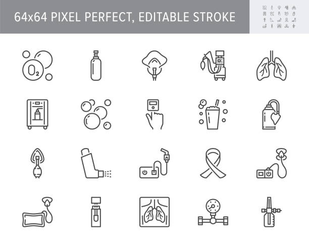 Oxygen line icons. Vector illustration included icon - anesthesia mask, ventilator, icu, artificial lung ventilation, nebulizer outline pictogram for hospital. 64x64 Pixel Perfect Editable Stroke Oxygen line icons. Vector illustration included icon - anesthesia mask, ventilator, icu, artificial lung ventilation, nebulizer outline pictogram for hospital. 64x64 Pixel Perfect Editable Stroke. respiratory disease stock illustrations