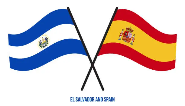 Vector illustration of El Salvador and Spain Flags Crossed And Waving Flat Style. Official Proportion. Correct Colors.