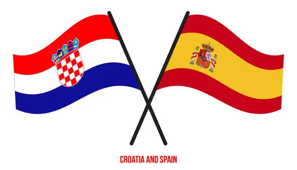 Vector illustration of Croatia and Spain Flags Crossed And Waving Flat Style. Official Proportion. Correct Colors.