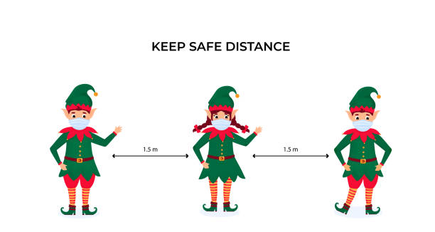 Funny Christmas elves in protective face masks. Keep social distance. Preventive measures during the coronavirus pandemic coivd-19. Funny Christmas elves in protective face masks. Keep social distance. Preventive measures during the coronavirus pandemic coivd-19 santa claus elf assistance christmas stock illustrations