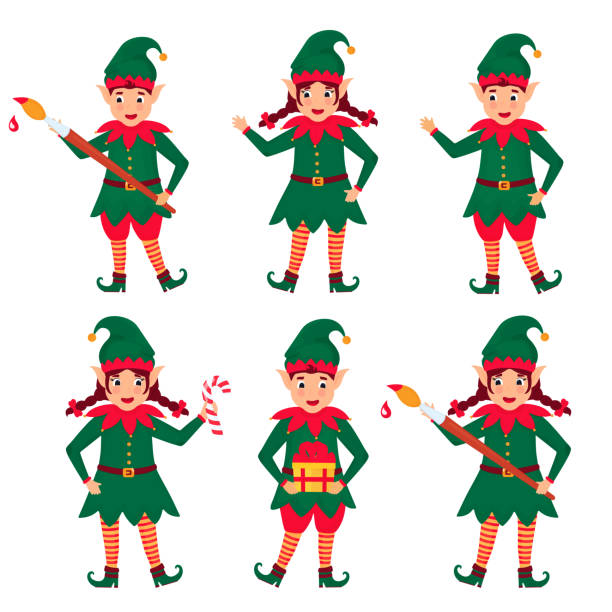 Set of funny Christmas elves. Vector illustration. Cartoon character. Set of funny Christmas elves. Vector illustration. Cartoon character santas helpers stock illustrations