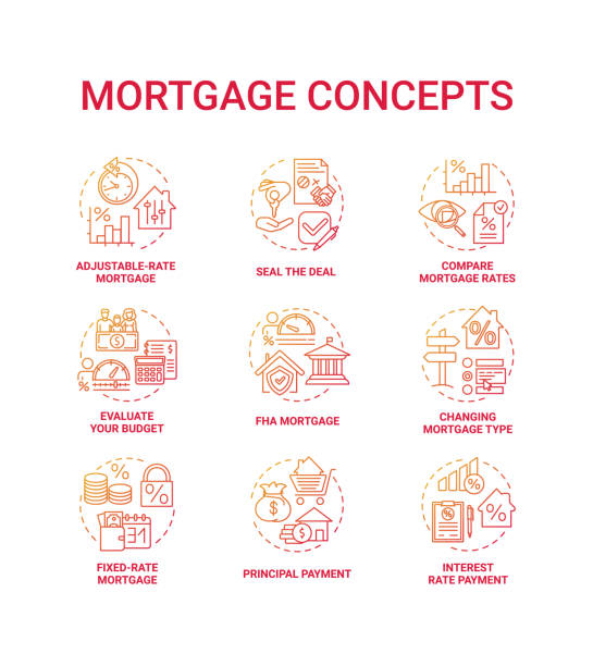 Mortgage concept icons set Mortgage concept icons set. Loan housing idea thin line RGB color illustrations. Adjustable-rate mortgage. Principal payment. Seal deal. Compare loan rates. Vector isolated outline drawings adjustable stock illustrations