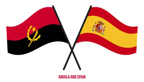 Vector illustration of Angola and Spain Flags Crossed And Waving Flat Style. Official Proportion. Correct Colors.