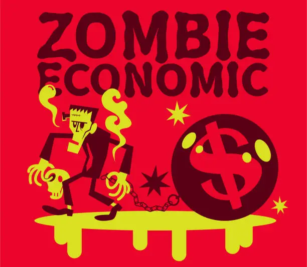 Vector illustration of The zombie businessman dragging an iron ball with US Dollar currency sign; The Zombie Economy and financial crisis and economic recession concept