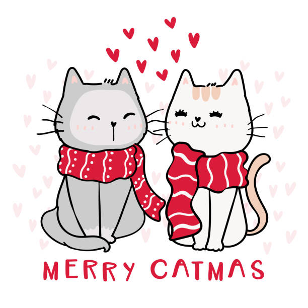 ilustraciones, imágenes clip art, dibujos animados e iconos de stock de lindo gato feliz pareja en bufanda roja de invierno de navidad, gato feliz con el corazón en el fondo, idea para la tarjeta de felicitación, arte de la pared de la guardería, impresión - pet collar