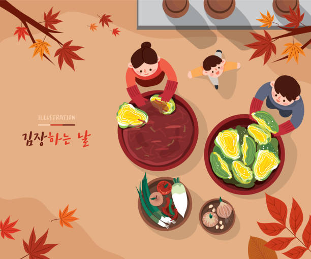 One fall day, the whole family is making kimchi together. Kimjang vector illustration. (Korean translation: The Day of Kimjang) Kimchi stock illustrations