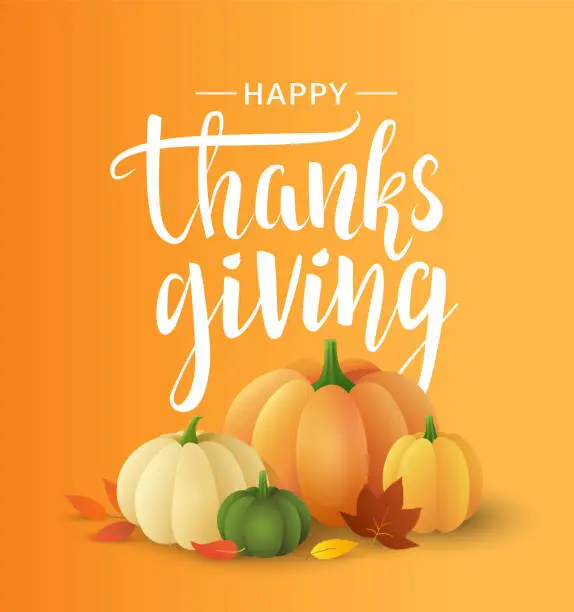 Vector illustration of Thanksgiving greeting card with beautiful pumpkins and autumn leaves. Beautiful handwritten lettering Thanksgiving