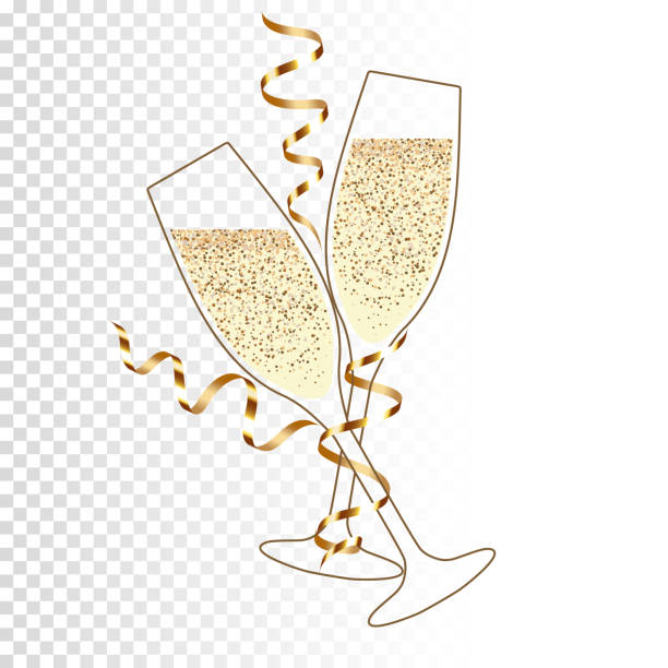 zwei glas champagner mit band, isoliert. - champagnerglas stock-grafiken, -clipart, -cartoons und -symbole