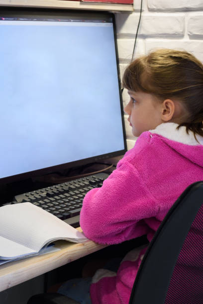istock A girl studies at a computer with a large monitor, view from the back 1283488323