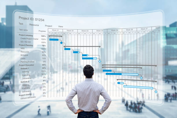 gestionnaire de projet travaillant avec le calendrier de planification des graphiques gantt, le suivi des jalons et des résultats et la mise à jour des tâches, la planification et les compétences en gestion, la stratégie de programme - chef de projet photos et images de collection