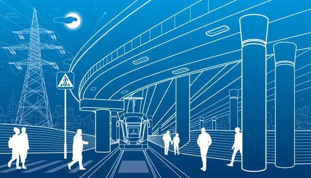 Vector illustration of City scene, people walk down the street, tram rides, night city, automobile bridge at background. Electric transport. Outline vector infrastructure illustration