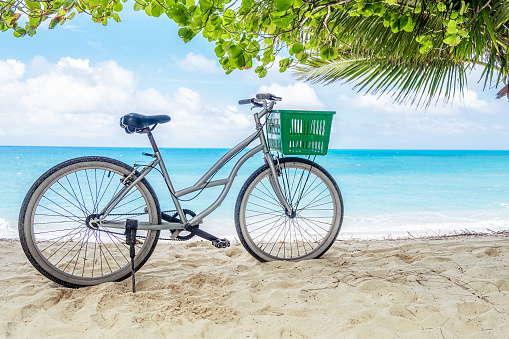 Lonely vintage bicycle on the tropical  sandy beach by a palm tree with sky and calm sea at background.