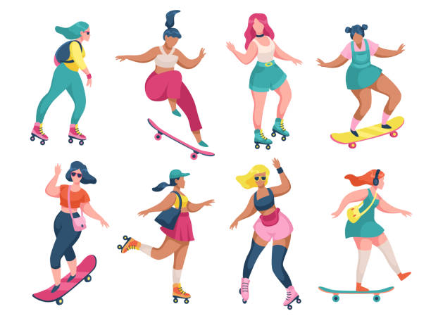 Roller skating girls. Young women roller skates and skateboards, rollerblading and skateboarding teenager activ leisure time outdoors collection, extreme sport flat vector isolated set Roller skating girls. Young women roller skates and skateboards, rollerblading and skateboarding teenager active trendy leisure time outdoors collection, extreme sport in park flat vector isolated set inline skating stock illustrations