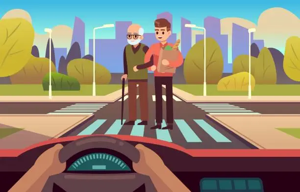 Vector illustration of Pedestrian crossing. Elderly care, people cross road on street, car inside, drivers hands on wheel panel, observing traffic rules on crosswalk, flat vector characters on city landscape