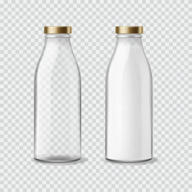 Vector illustration of Milk bottle. Realistic empty and full bottles for liquids, closed packaging with golden cap, 3d mockup of glass container for drinks. Blank product advertising template vector set