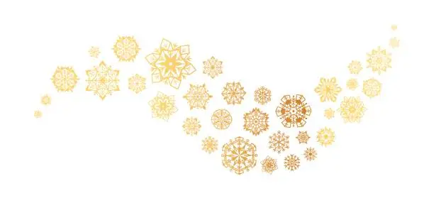 Vector illustration of Gold snowflakes wave. Christmas golden ornament for decoration and greeting card, shiny ice crystal festive effect for new year decor, snowy curved strip background vector illustration