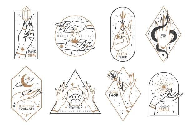 Occult line emblems. Outline women hands with mystical magic elements in minimalistic trendy style, witchcraft golden symbols and mysterious objects, elegant vector isolated collection Occult line emblems. Outline women hands with mystical magic elements in minimalistic trendy style, witchcraft golden symbols and mysterious objects, elegant logo and labels vector isolated collection tattoo symbols stock illustrations