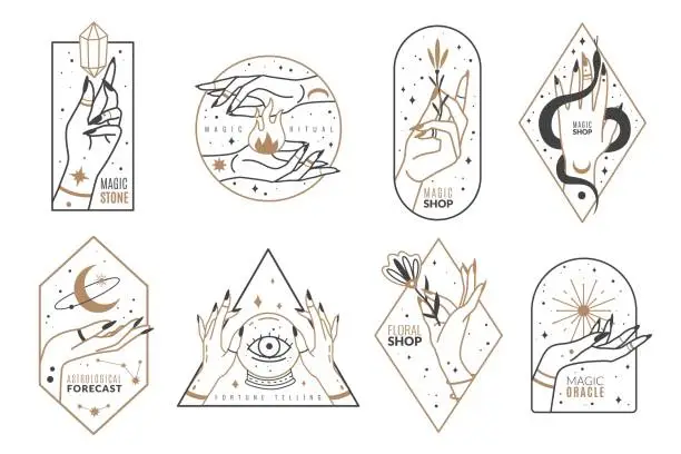Vector illustration of Occult line emblems. Outline women hands with mystical magic elements in minimalistic trendy style, witchcraft golden symbols and mysterious objects, elegant vector isolated collection