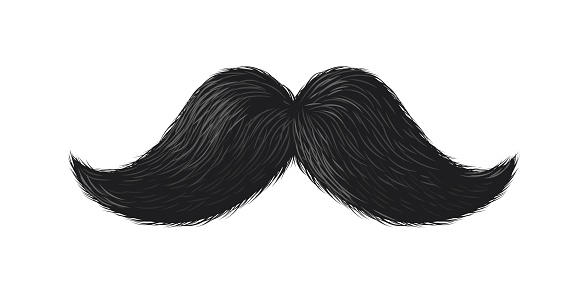 Black moustache. Cute curly simple mustache, hipster barbershop fashion logo, humor party photobooth props, groom silhouette symbol, human face hair male whisker vector isolated on white illustration