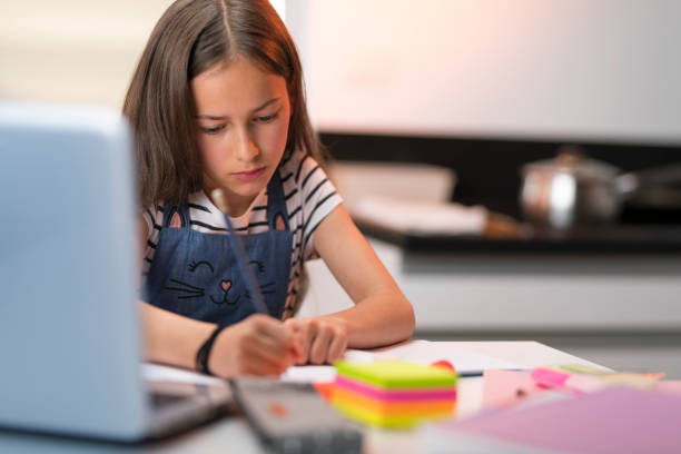 istock Girl attending online school classes from home 1283492633