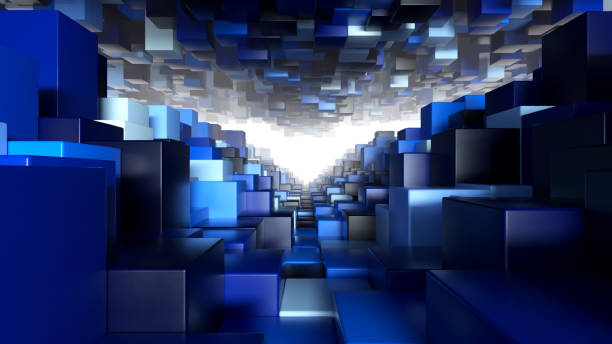 istock Abstract geometric tunnel made of blue cubes with random movement. 3d illustration 1283494263