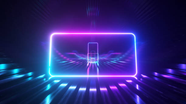 istock Sci-fi tunnel with neon rounded square. An endless flight forward. Modern neon lighting. 3d illustration 1283494285