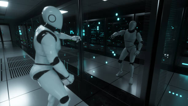 istock The dancing robot in the server room looks at itself in reflection. Data servers behind glass panels in the server room of the data center. 3d illustration 1283494315
