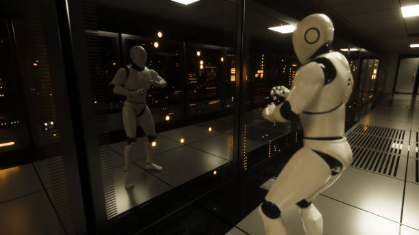 istock The dancing robot in the server room looks at itself in reflection. Data servers behind glass panels in the server room of the data center. 3d illustration 1283494328