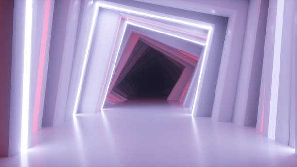 istock Abstract neon square tunnel technological. Endless swirling animated background. Modern neon light. Bright neon lines sparkle and move forward. 3d illustration 1283494331
