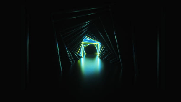 istock Abstract neon square tunnel technological. Endless swirling animated background. Modern neon light. Bright neon lines sparkle and move forward. 3d illustration 1283494376