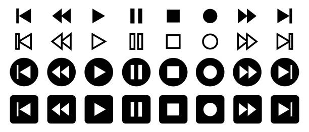 Set of video or music interface player icon buttons. Media player vector icons. Set of video or music interface player icon buttons. Media player vector icons. Stop, play, record web buttons isolated on white background. Vector Illustration. resting stock illustrations