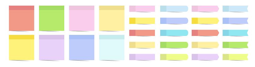 Big set of different sticky note. 3d post note paper. Stickers colored tapes with shadow template. Vector illustration.