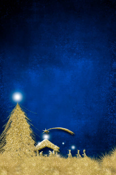 Christmas Nativity Scene greetings cards, abstract freehand drawing of Nativity Scene, tree and Three Wise Men with golden glitter, grunge blue background with blank. Verical.