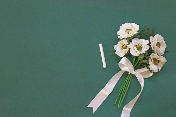 beyaz çiçekler ve yeşil tebeşir tahtası üzerinde bir tebeşir. öğretmenler günü - öğretmenler günü stok fotoğraflar ve resimler