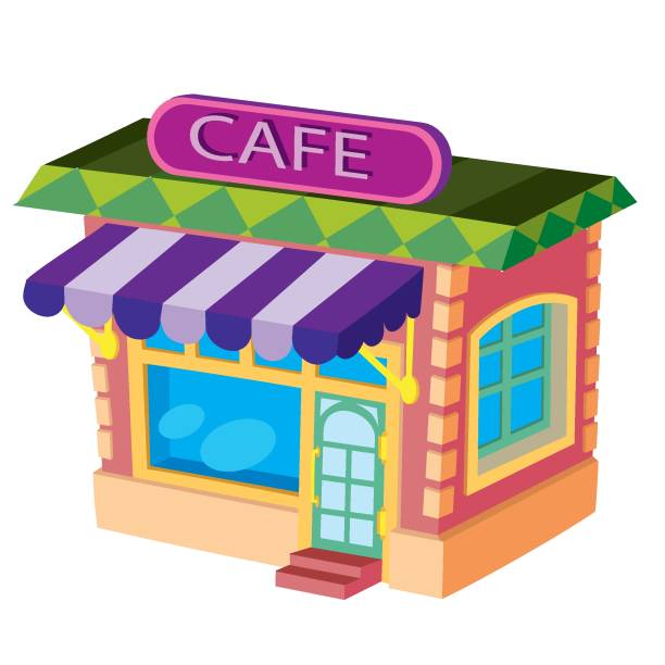 istock cafe house in red with purple signboard, cartoon illustration, isolated object on white background, vector, 1283496156