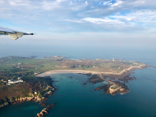 Aerial shot flying into Alderney, Channel Islandss
