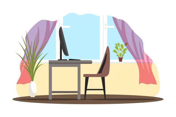 ilustrações de stock, clip art, desenhos animados e ícones de modern room for work interior design background. room at home with chair, table with computer monitor and keyboard, plants, windows. empty cosy area for working vector illustration - wallpaper retro revival computer keyboard computer monitor