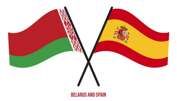 Vector illustration of Belarus and Spain Flags Crossed And Waving Flat Style. Official Proportion. Correct Colors.