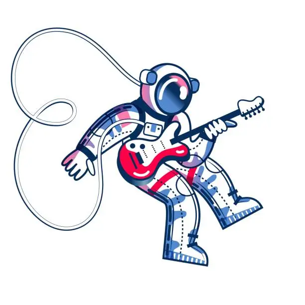 Vector illustration of Funny astronaut playing guitar in space. Man playing funky disco music on instrument in spacesuit. Space exploration fun entertainment vector illustration. Cosmonaut in universe