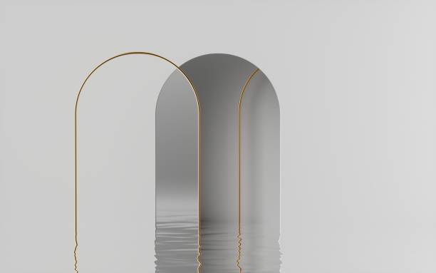 3d render, abstract modern minimal white background with arches and reflection in the water on the wet floor. Showcase with space for product display