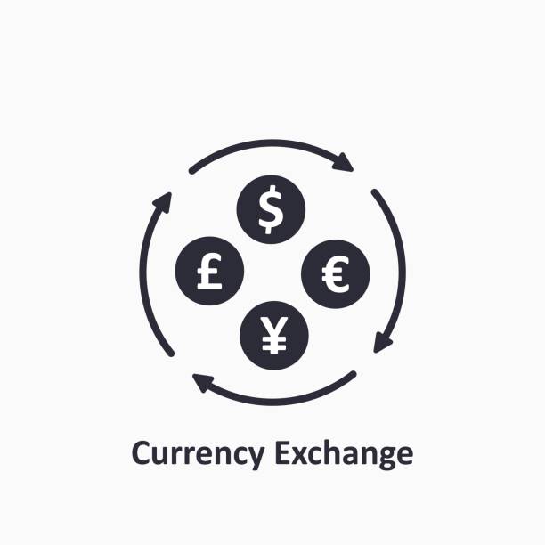 währungsumtausch-symbol. dollar, euro, yuan und gbp-symbol. devisenkonzept. die zirkulation des geldes in der welt. vektor - currency exchange stock-grafiken, -clipart, -cartoons und -symbole