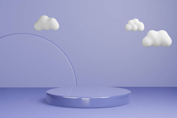 istock 3d rendered studio mock up background for product presentation,  with circle shapes, podium on the floor with cloud. minimal purple colors. 1283498084