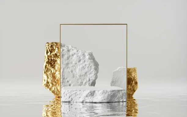 3d render, abstract modern minimal white background with golden cobblestones and reflection on the wet floor. Trendy showcase with golden square frame and empty rock platform for product displaying