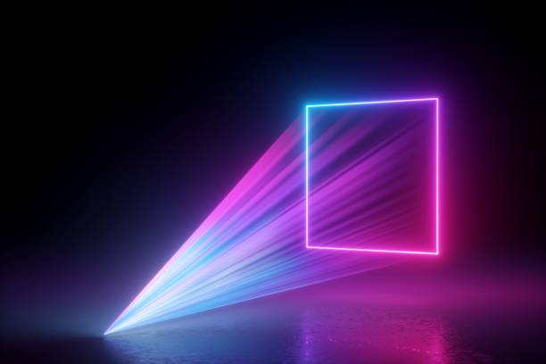 istock 3d render, abstract pink blue projector, neon light over black background. Square geometric shape glowing. Laser show illumination. Disco rays, colorful beam 1283498167