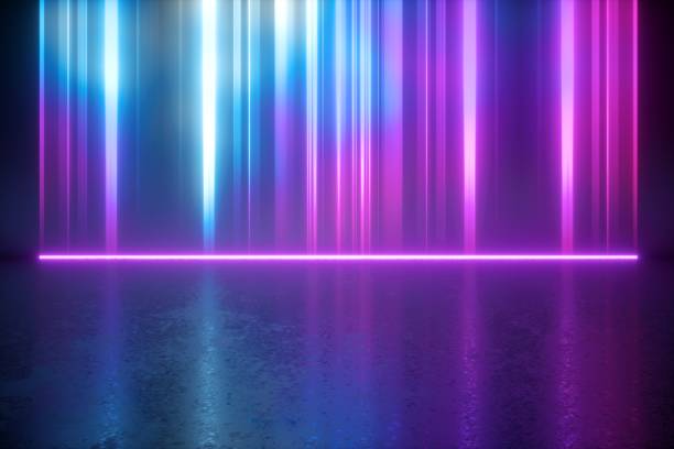 istock 3d render, abstract neon light background. Blue pink violet vertical rays. Glowing lines plasma effect 1283498222