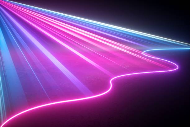 istock 3d render, digital illustration. Neon light abstract background, pink blue rays and wavy line, projecting laser, scanning effect. 1283498391