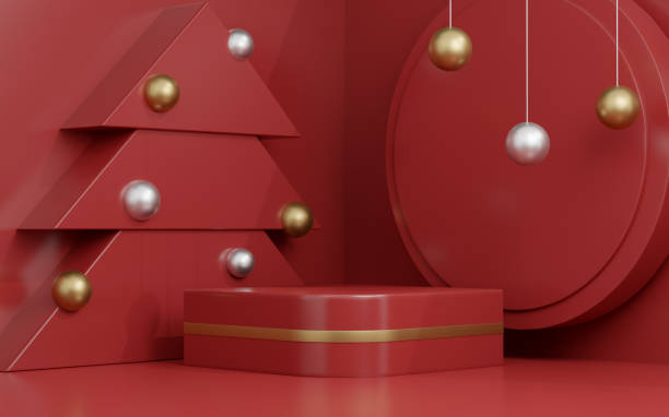 istock 3d rendered studio mock up christmas background for product presentation,  with christmas tree, snow man and decoration. red background. 1283500182