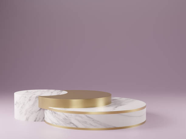 istock 3d rendered studio mock up for product presentation, with marble and gold podium circle shapes on the floor. purple colors. 1283501175